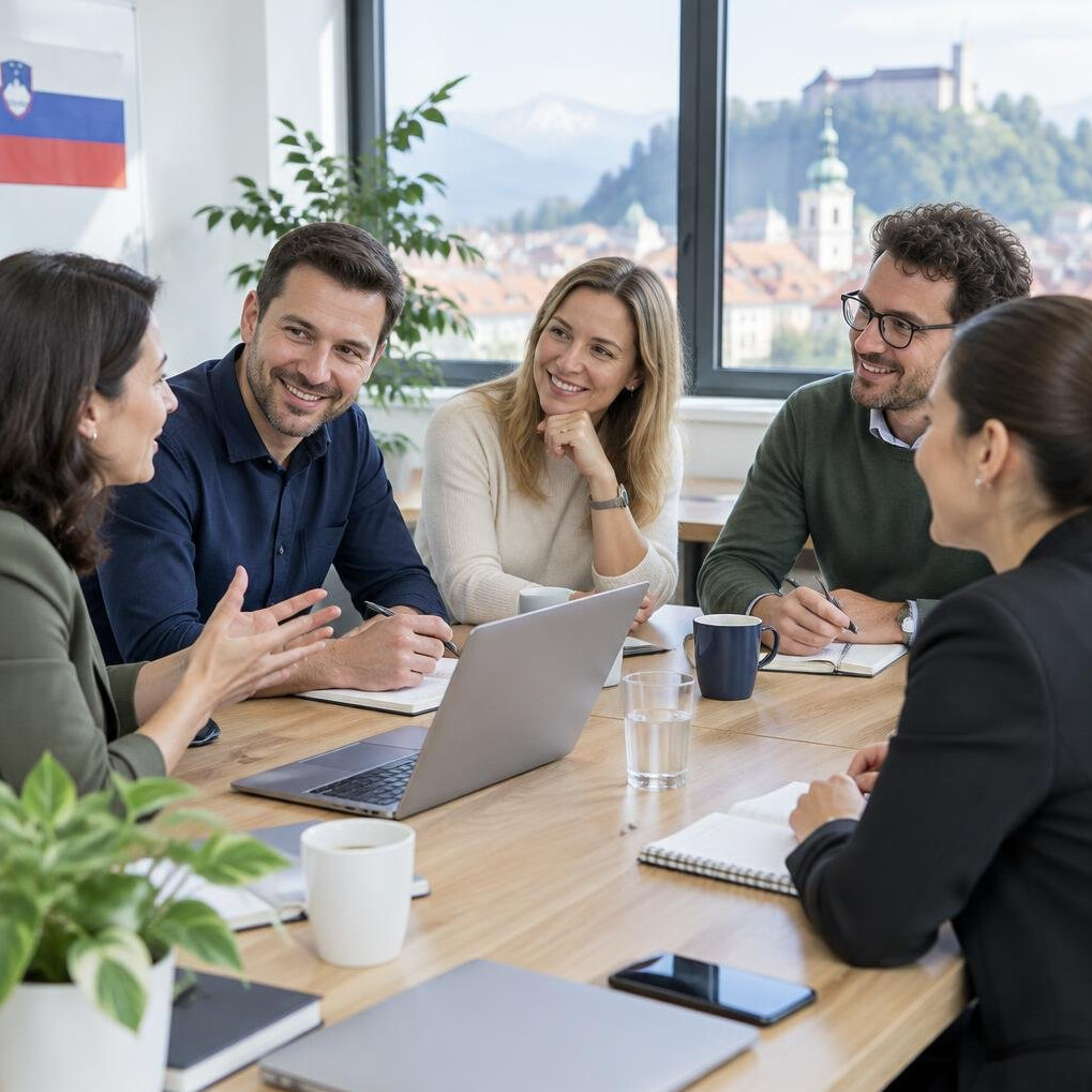 Group of colleagues talking around a table